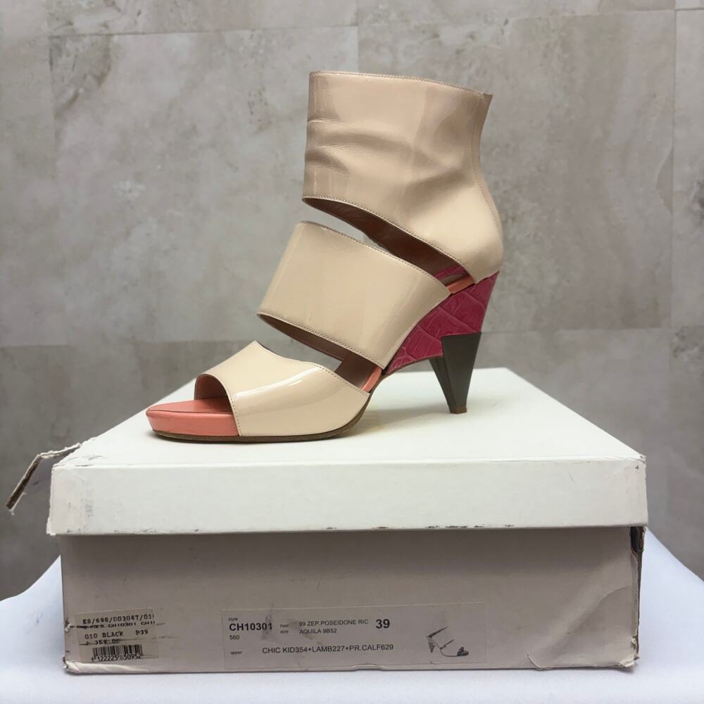 RARE Vtg Chloé 2008 Runway Patent Cutout Colorblock Wedge Bootie Heels 39 W/ Box